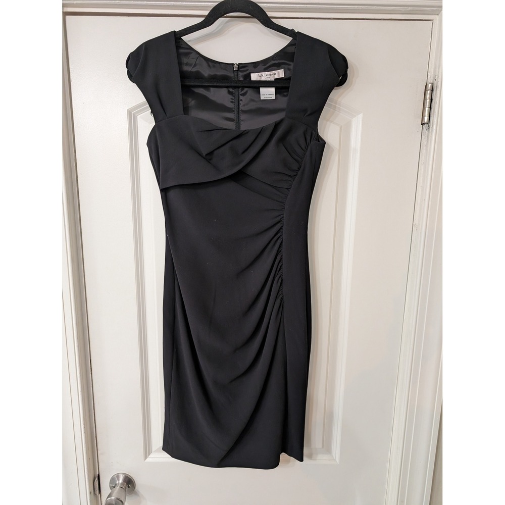 LK Bennett Tina Dress Black Draped Sheath Dress Square Neck Cap Sleeve Size US 4